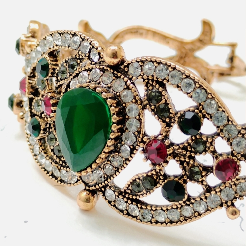 Vintage Brazilian Rose Gold-Tone Filigree Bracelet with Green and Red Stones